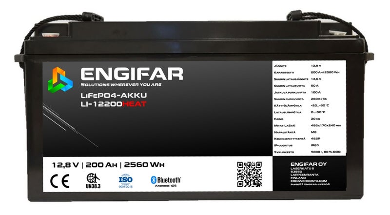Engifar 200 Ah 12,8V Heat LiFePo4 litiumakku, 12V